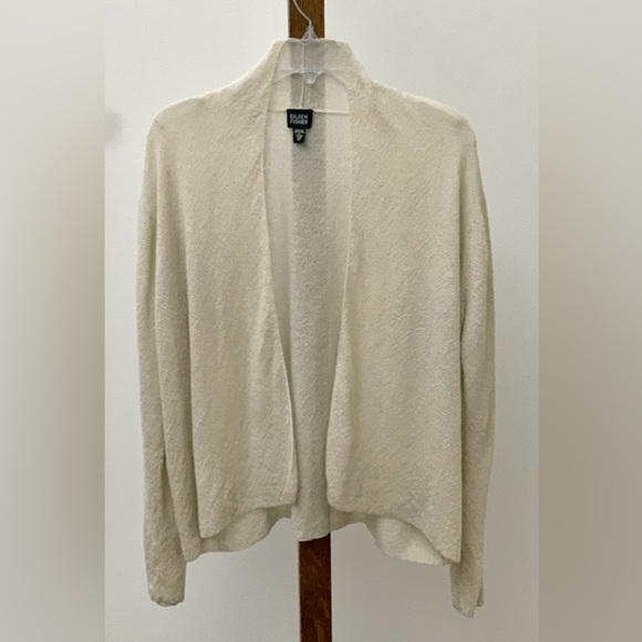 Women's Medium Ivory Cream Wool Crepe Eileen Fisher Open Front Cardigan Top - Picture 9 of 14